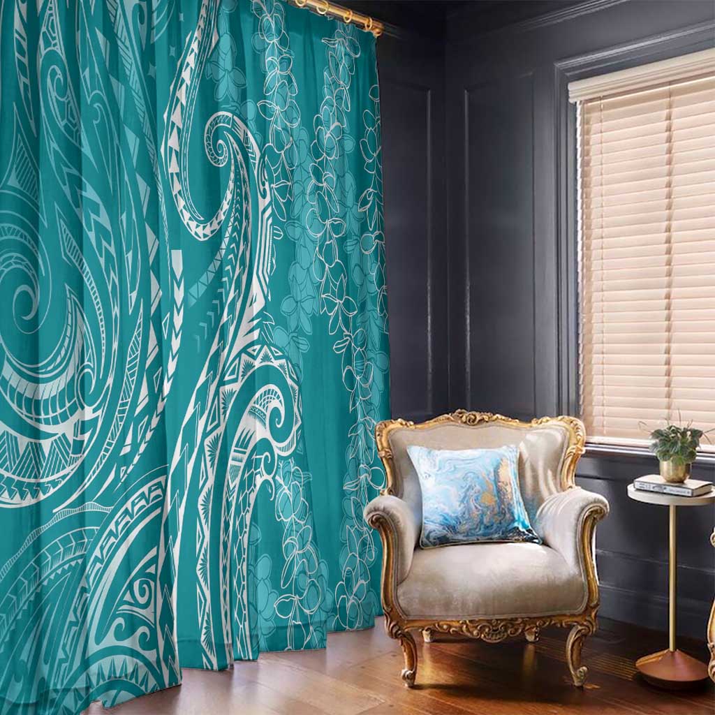 Polynesia Plumeria Lei Window Curtain Teal Curves Motif