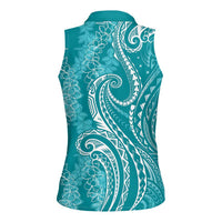 Polynesia Plumeria Lei Women Sleeveless Polo Shirt Teal Curves Motif LT7 - Polynesian Pride