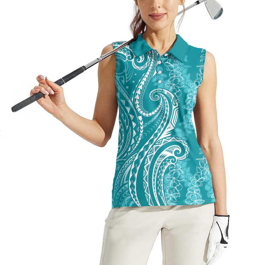 Polynesia Plumeria Lei Women Sleeveless Polo Shirt Teal Curves Motif LT7 - Polynesian Pride