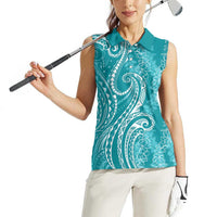 Polynesia Plumeria Lei Women Sleeveless Polo Shirt Teal Curves Motif LT7 - Polynesian Pride