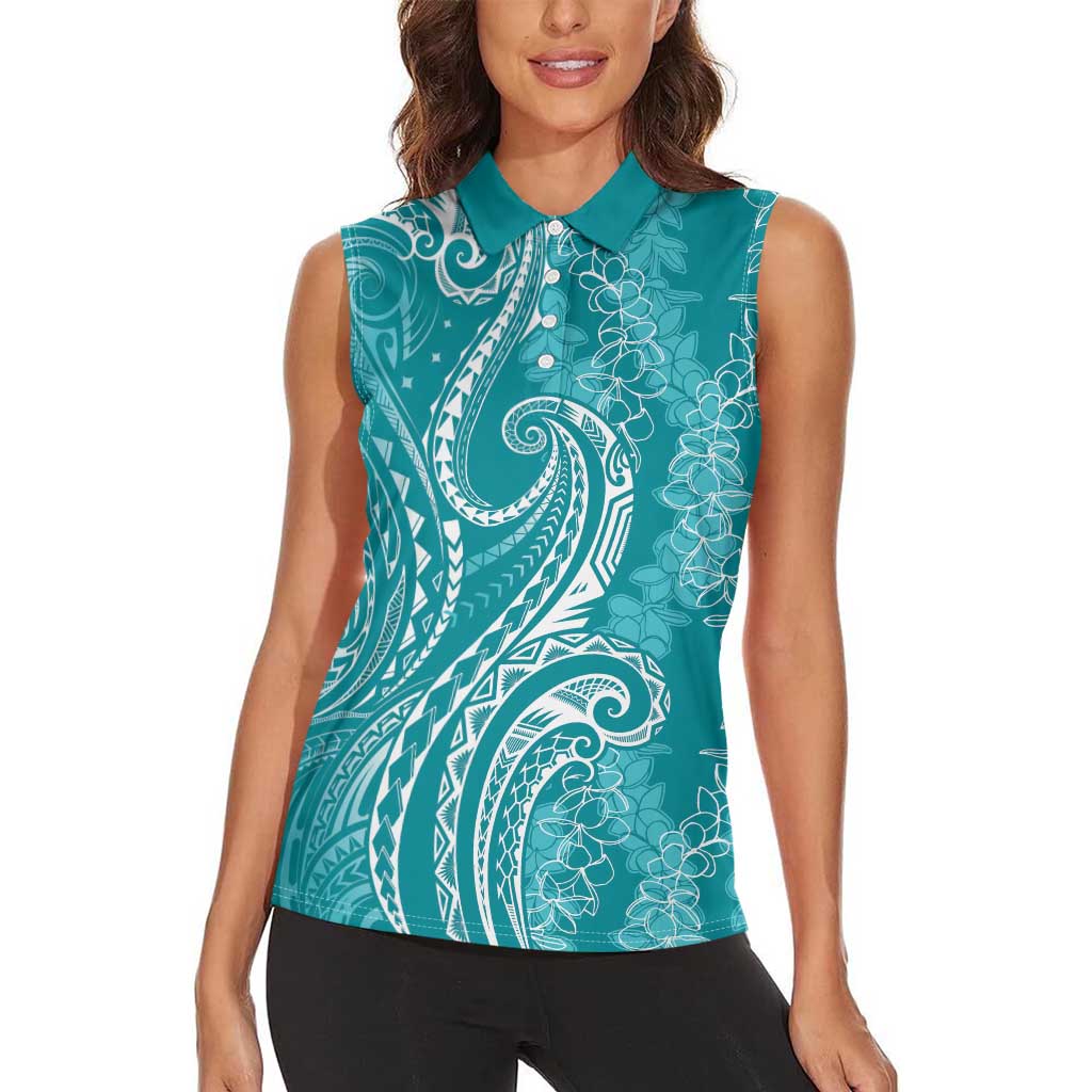Polynesia Plumeria Lei Women Sleeveless Polo Shirt Teal Curves Motif LT7 - Polynesian Pride