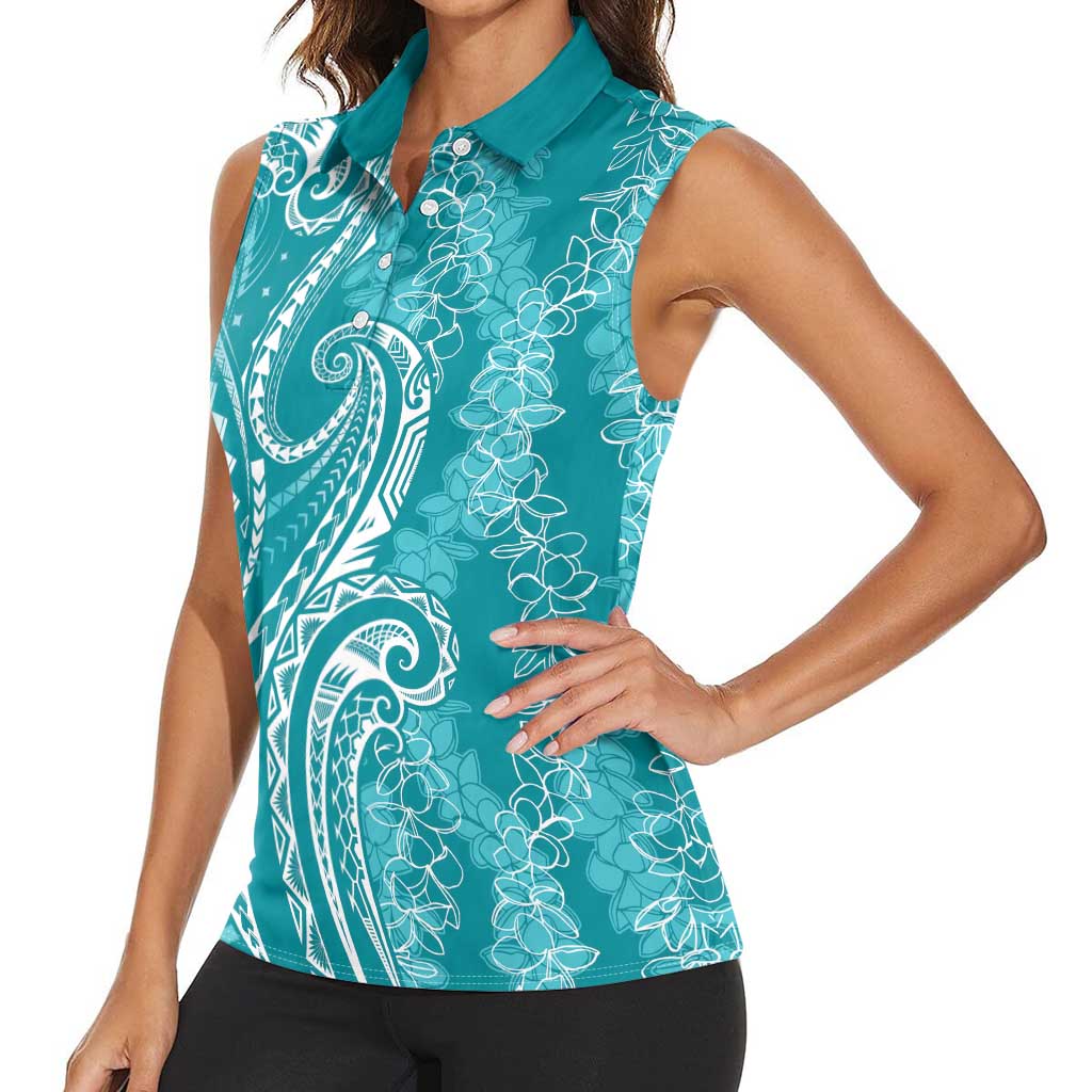 Polynesia Plumeria Lei Women Sleeveless Polo Shirt Teal Curves Motif LT7 - Polynesian Pride