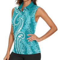 Polynesia Plumeria Lei Women Sleeveless Polo Shirt Teal Curves Motif LT7 - Polynesian Pride