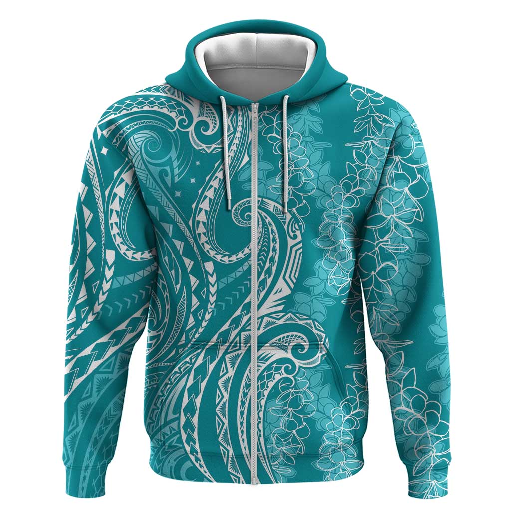 Polynesia Plumeria Lei Zip Hoodie Teal Curves Motif