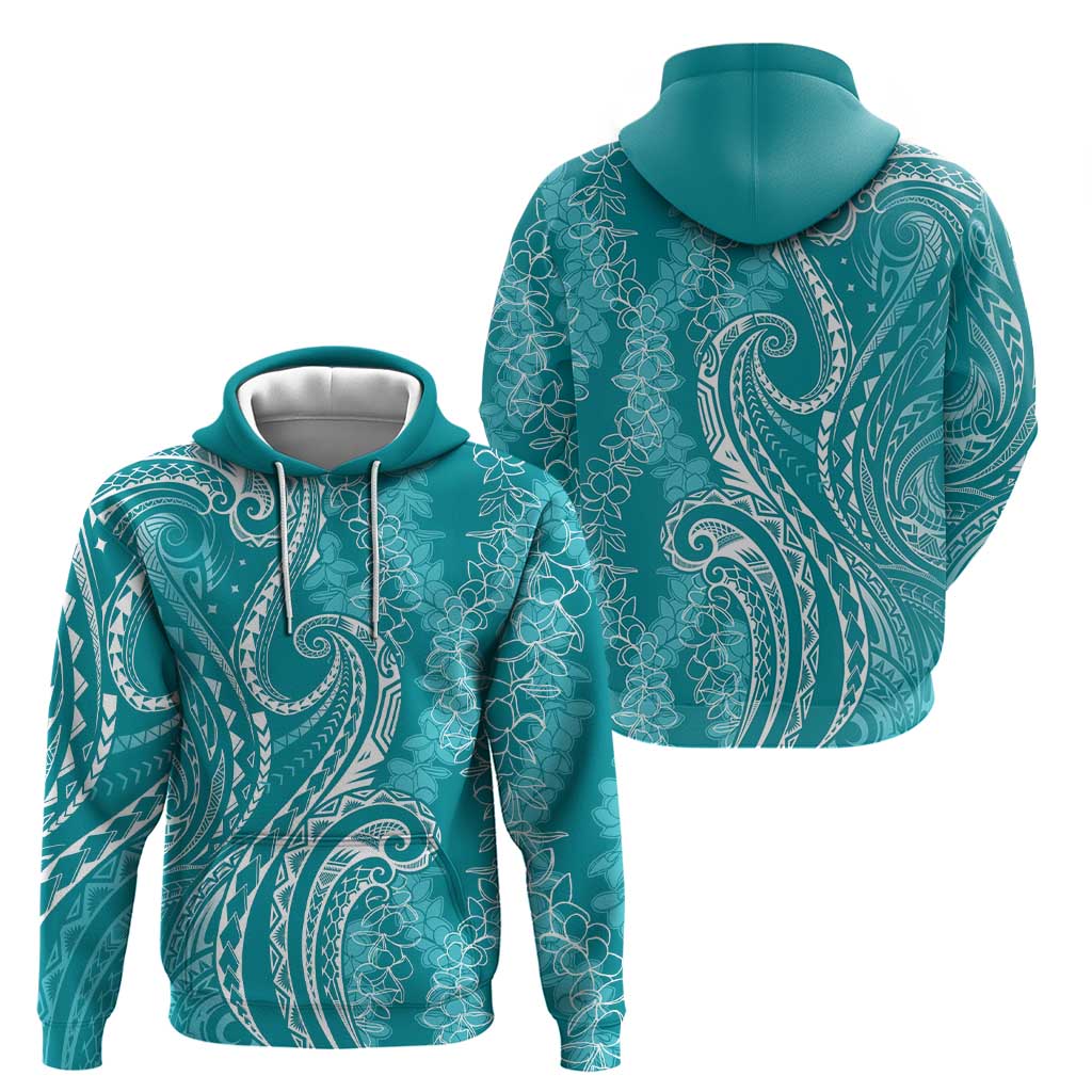 Polynesia Plumeria Lei Zip Hoodie Teal Curves Motif