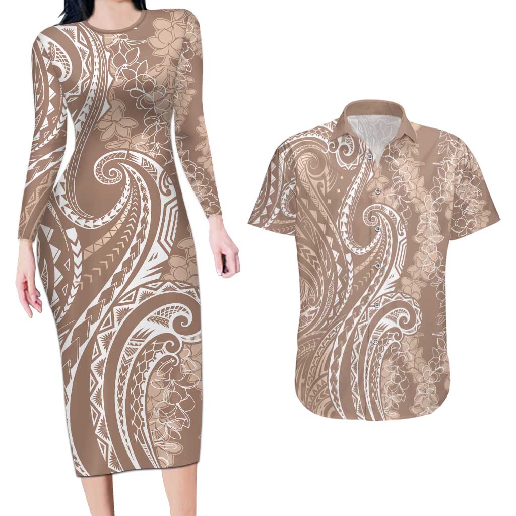 Polynesia Plumeria Lei Couples Matching Long Sleeve Bodycon Dress and Hawaiian Shirt Beige Curves Motif