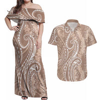 Polynesia Plumeria Lei Couples Matching Off Shoulder Maxi Dress and Hawaiian Shirt Beige Curves Motif