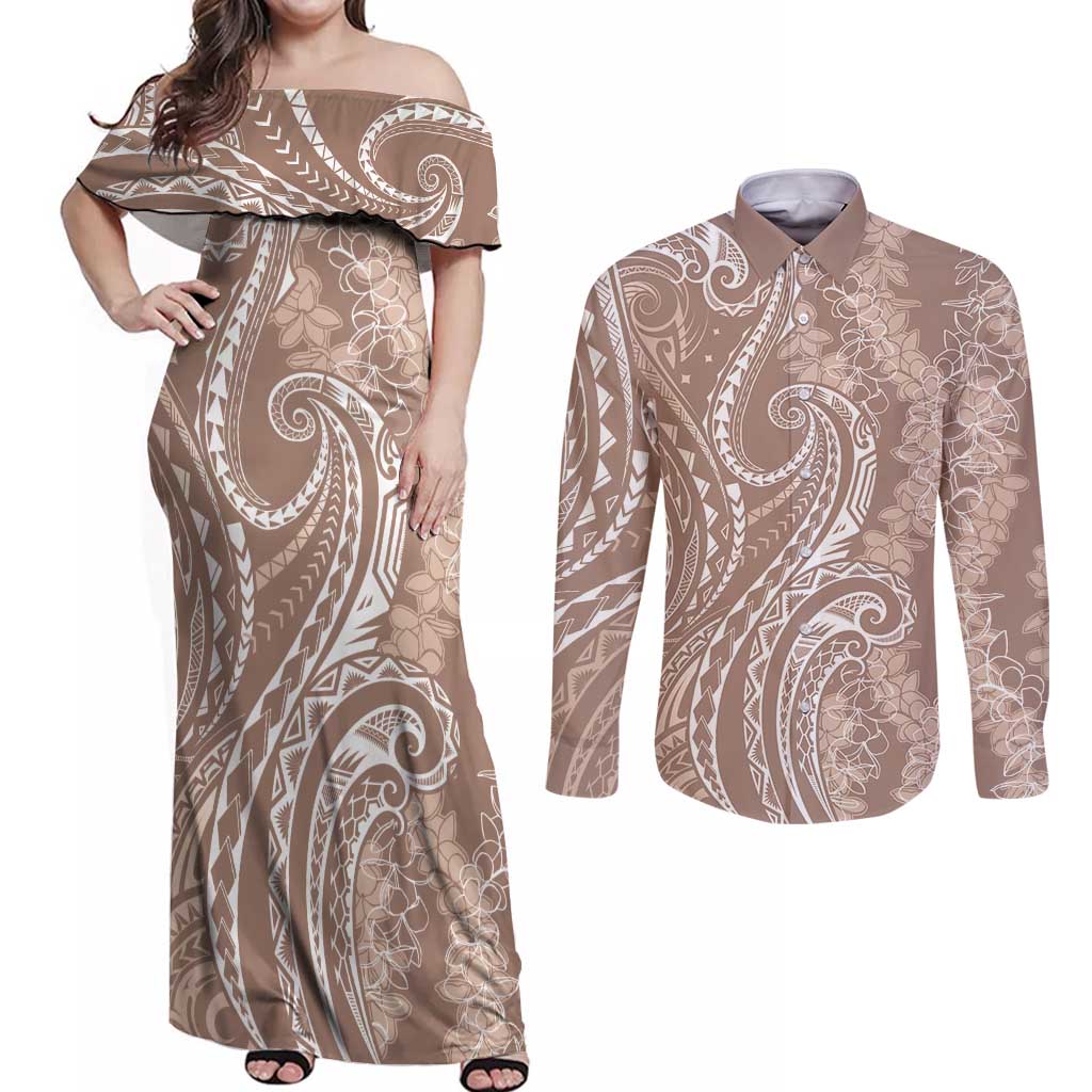 Polynesia Plumeria Lei Couples Matching Off Shoulder Maxi Dress and Long Sleeve Button Shirt Beige Curves Motif