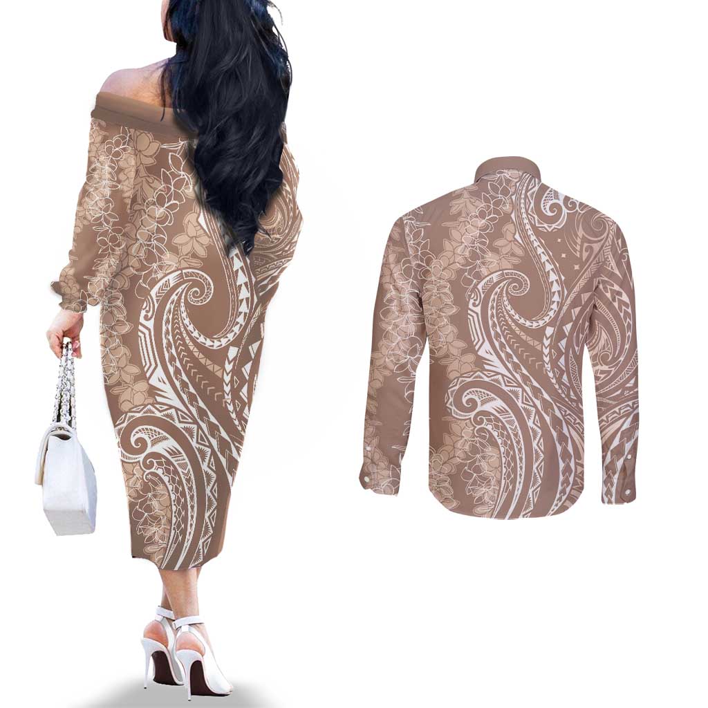 Polynesia Plumeria Lei Couples Matching Off The Shoulder Long Sleeve Dress and Long Sleeve Button Shirt Beige Curves Motif