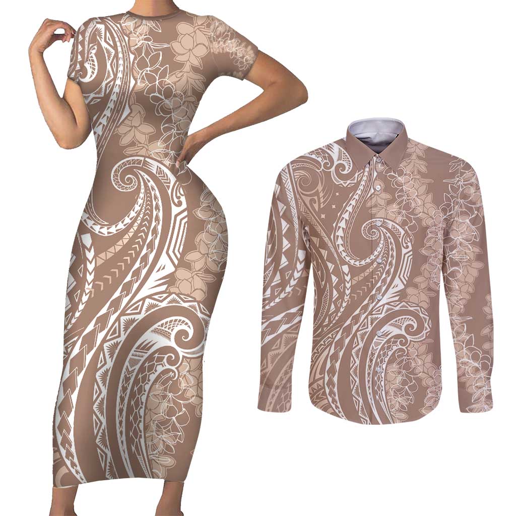 Polynesia Plumeria Lei Couples Matching Short Sleeve Bodycon Dress and Long Sleeve Button Shirt Beige Curves Motif