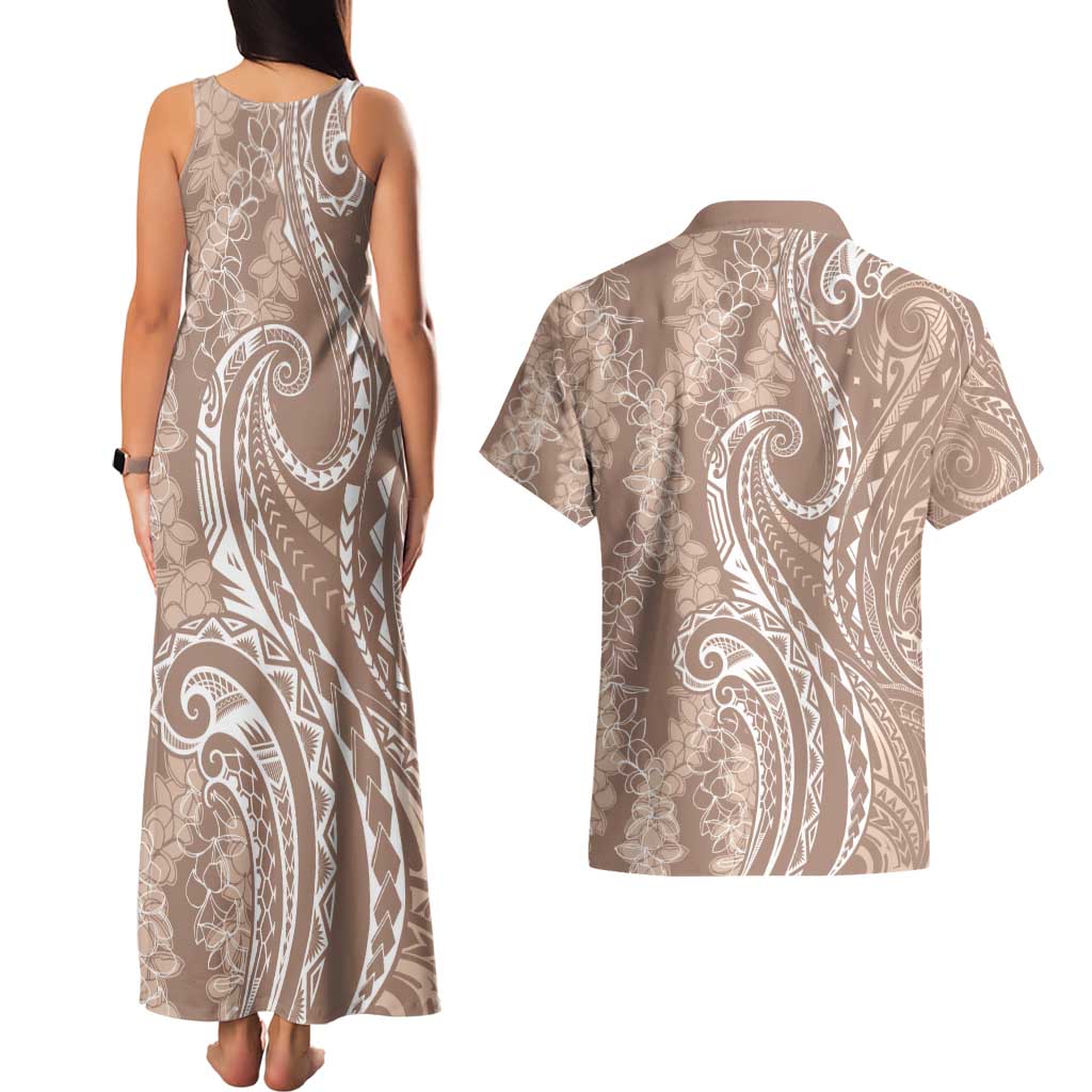 Polynesia Plumeria Lei Couples Matching Tank Maxi Dress and Hawaiian Shirt Beige Curves Motif