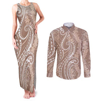 Polynesia Plumeria Lei Couples Matching Tank Maxi Dress and Long Sleeve Button Shirt Beige Curves Motif LT7 Beige - Polynesian Pride