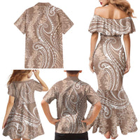 Polynesia Plumeria Lei Family Matching Mermaid Dress and Hawaiian Shirt Beige Curves Motif