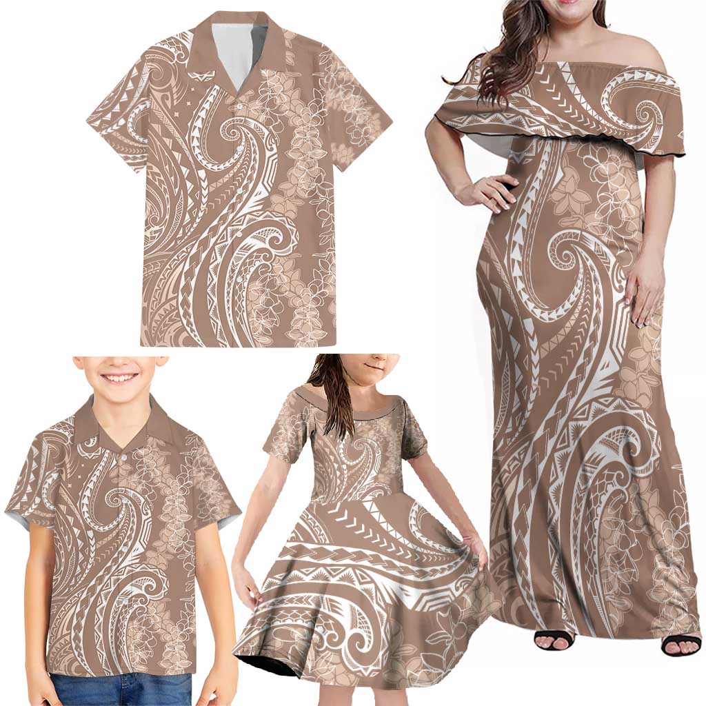 Polynesia Plumeria Lei Family Matching Off Shoulder Maxi Dress and Hawaiian Shirt Beige Curves Motif