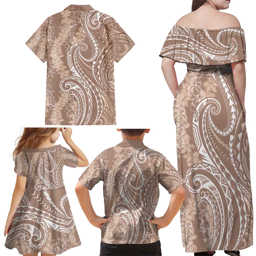 Polynesia Plumeria Lei Family Matching Off Shoulder Maxi Dress and Hawaiian Shirt Beige Curves Motif