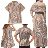 Polynesia Plumeria Lei Family Matching Off Shoulder Maxi Dress and Hawaiian Shirt Beige Curves Motif