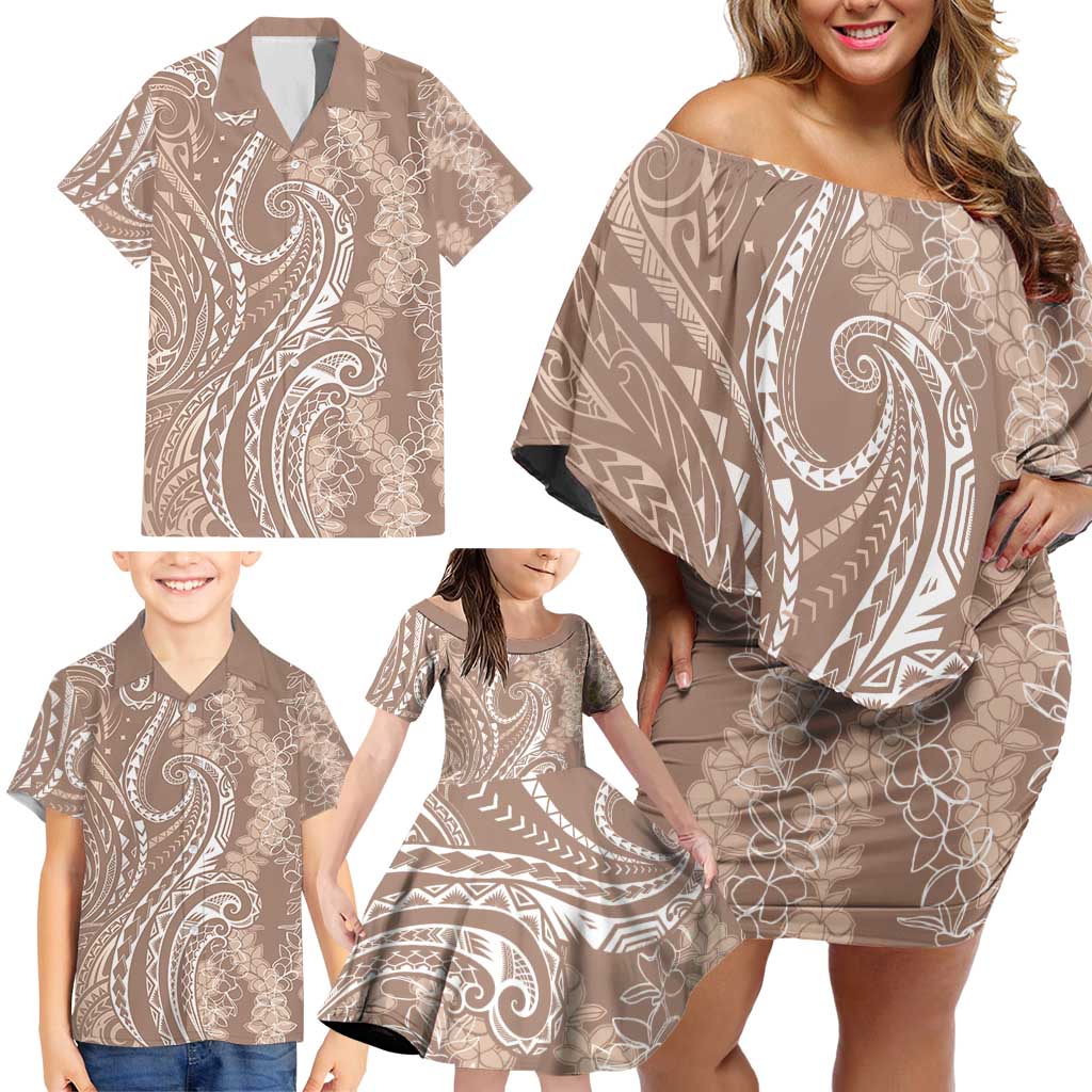 Polynesia Plumeria Lei Family Matching Off Shoulder Short Dress and Hawaiian Shirt Beige Curves Motif