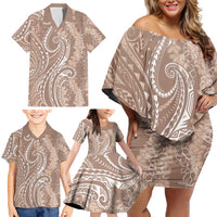 Polynesia Plumeria Lei Family Matching Off Shoulder Short Dress and Hawaiian Shirt Beige Curves Motif