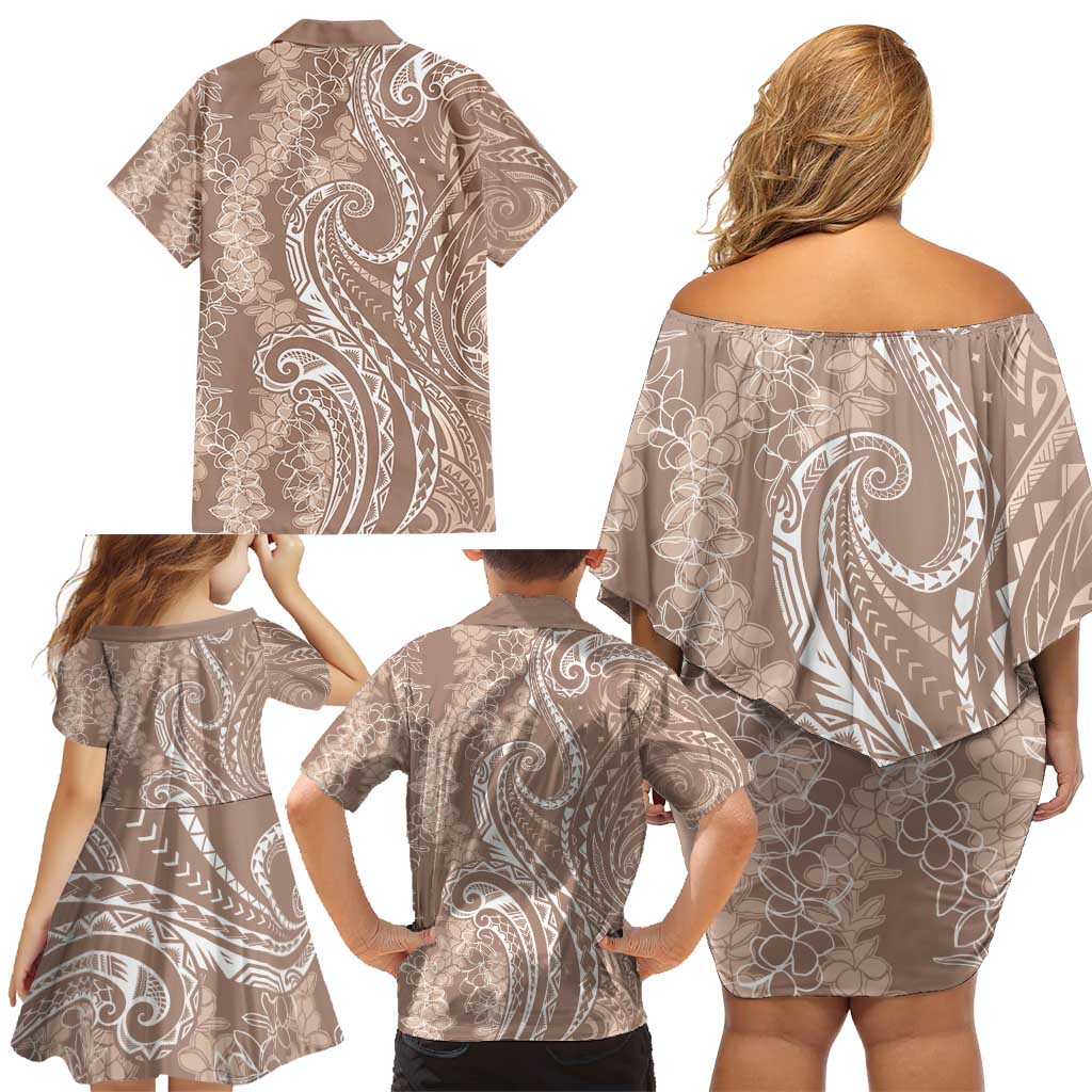Polynesia Plumeria Lei Family Matching Off Shoulder Short Dress and Hawaiian Shirt Beige Curves Motif