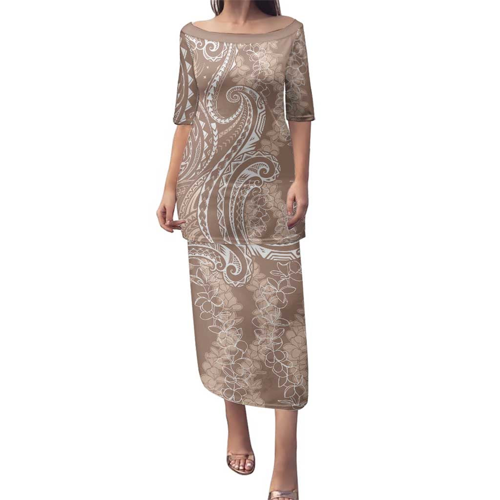 Polynesia Plumeria Lei Family Matching Puletasi and Hawaiian Shirt Beige Curves Motif