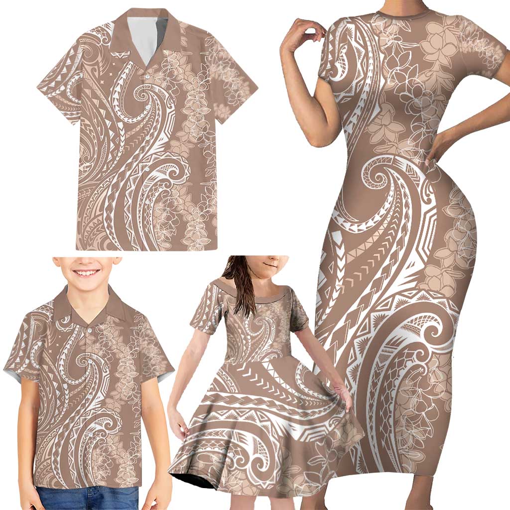 Polynesia Plumeria Lei Family Matching Short Sleeve Bodycon Dress and Hawaiian Shirt Beige Curves Motif