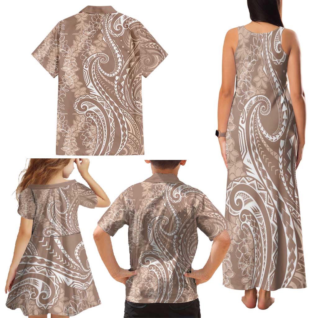 Polynesia Plumeria Lei Family Matching Tank Maxi Dress and Hawaiian Shirt Beige Curves Motif