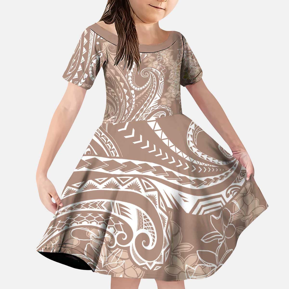 Polynesia Plumeria Lei Kid Short Sleeve Dress Beige Curves Motif