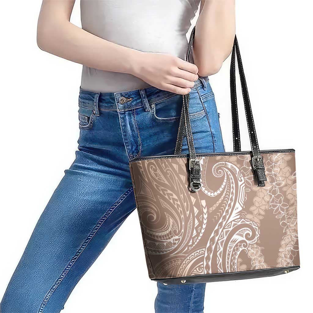 Polynesia Plumeria Lei Leather Tote Bag Beige Curves Motif
