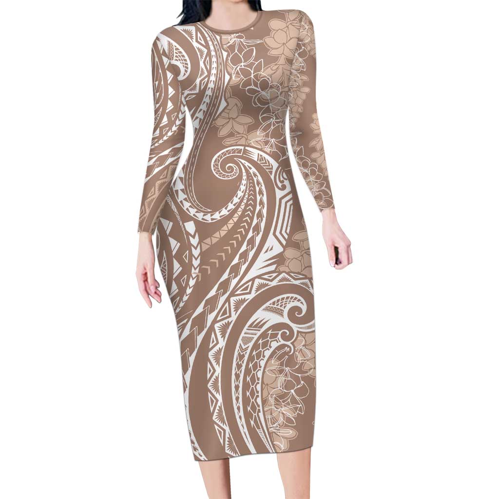 Polynesia Plumeria Lei Long Sleeve Bodycon Dress Beige Curves Motif