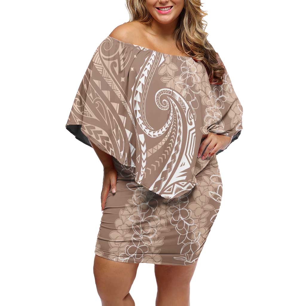 Polynesia Plumeria Lei Off Shoulder Short Dress Beige Curves Motif