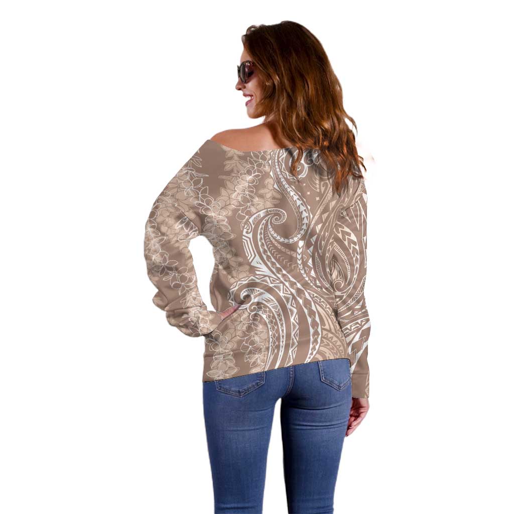 Polynesia Plumeria Lei Off Shoulder Sweater Beige Curves Motif