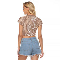 Polynesia Plumeria Lei Raglan Cropped T Shirt Beige Curves Motif LT7 - Polynesian Pride