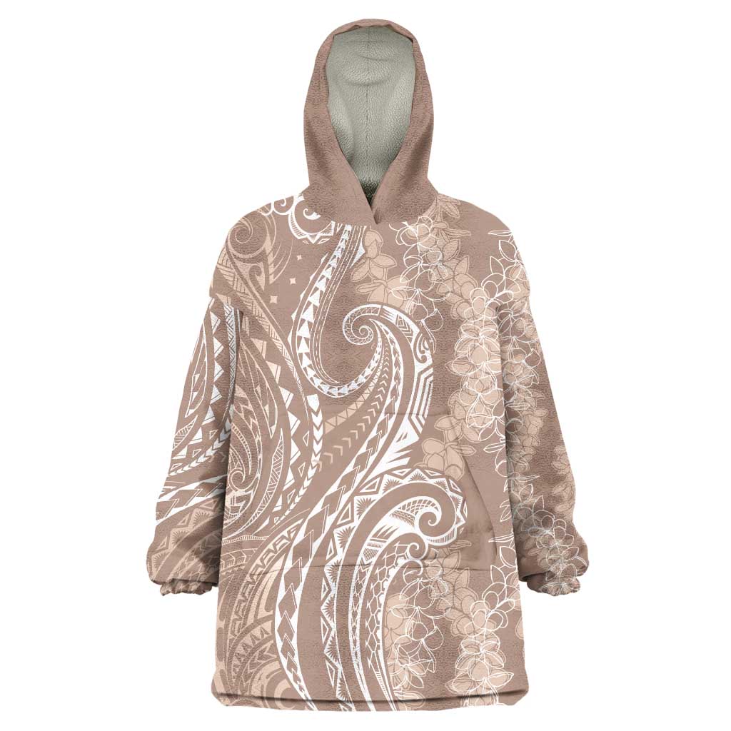 Polynesia Plumeria Lei Wearable Blanket Hoodie Beige Curves Motif
