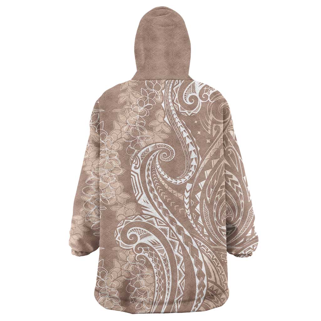 Polynesia Plumeria Lei Wearable Blanket Hoodie Beige Curves Motif