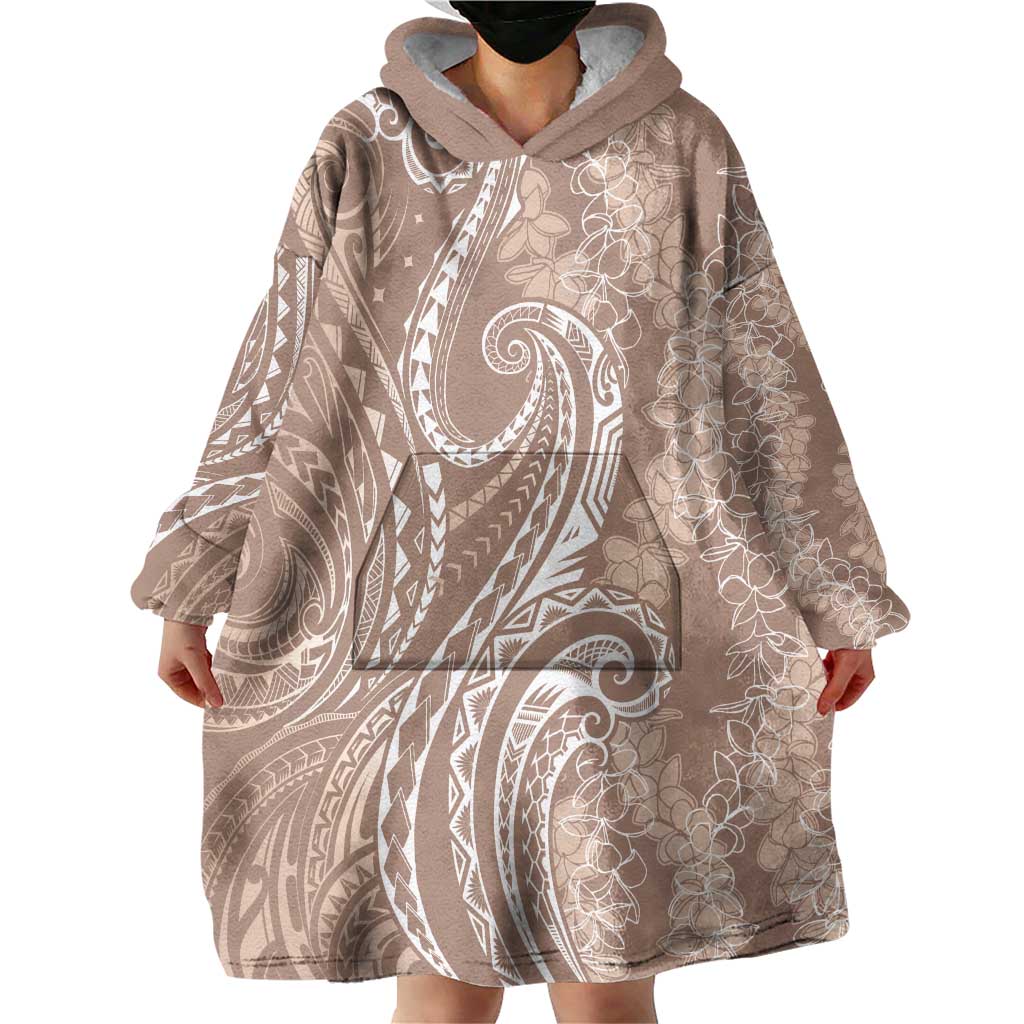 Polynesia Plumeria Lei Wearable Blanket Hoodie Beige Curves Motif