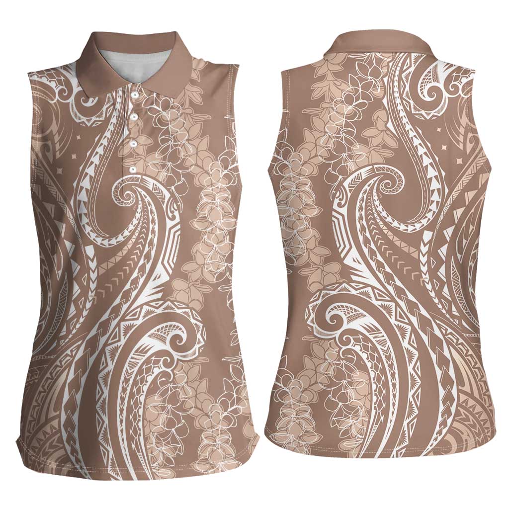 Polynesia Plumeria Lei Women Sleeveless Polo Shirt Beige Curves Motif LT7 - Polynesian Pride