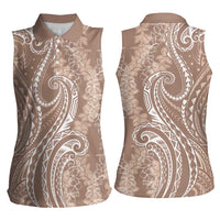 Polynesia Plumeria Lei Women Sleeveless Polo Shirt Beige Curves Motif LT7 - Polynesian Pride