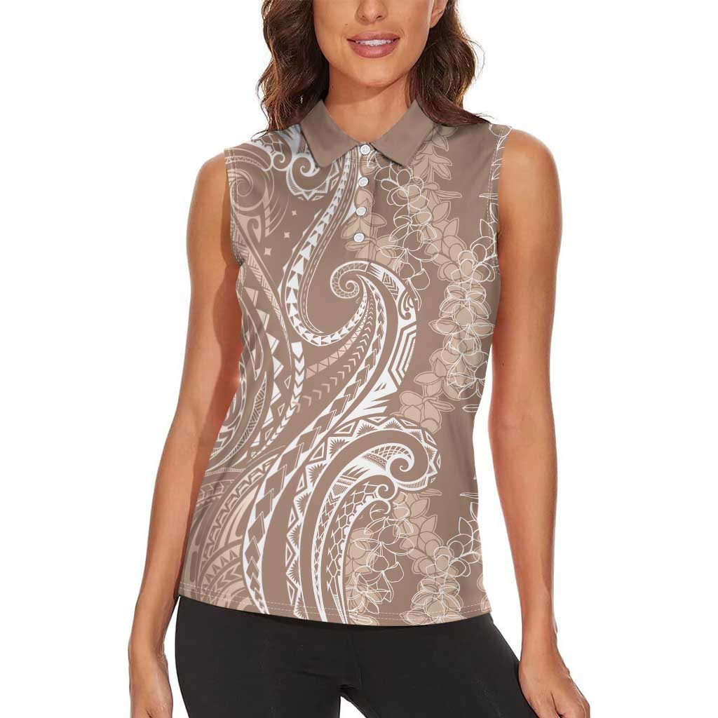 Polynesia Plumeria Lei Women Sleeveless Polo Shirt Beige Curves Motif LT7 - Polynesian Pride