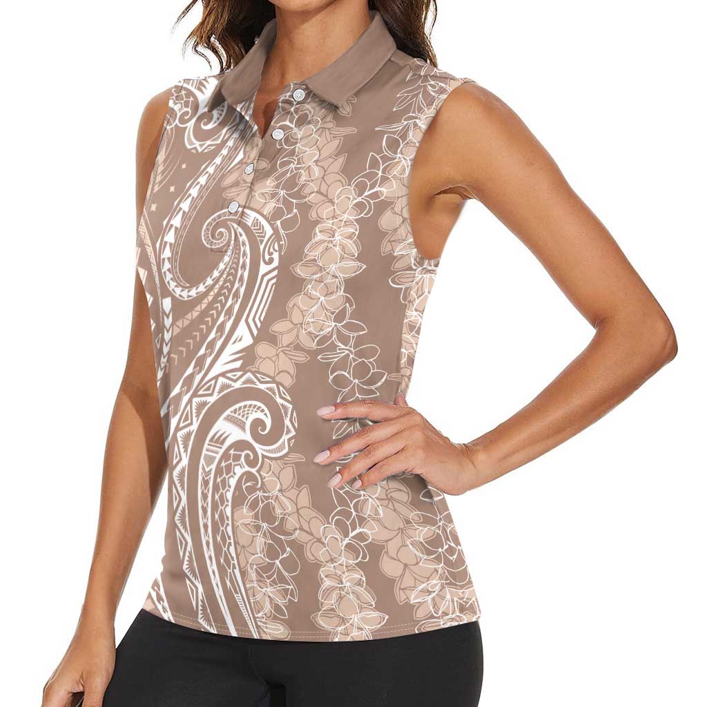 Polynesia Plumeria Lei Women Sleeveless Polo Shirt Beige Curves Motif LT7 - Polynesian Pride