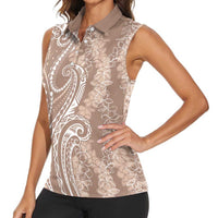 Polynesia Plumeria Lei Women Sleeveless Polo Shirt Beige Curves Motif LT7 - Polynesian Pride