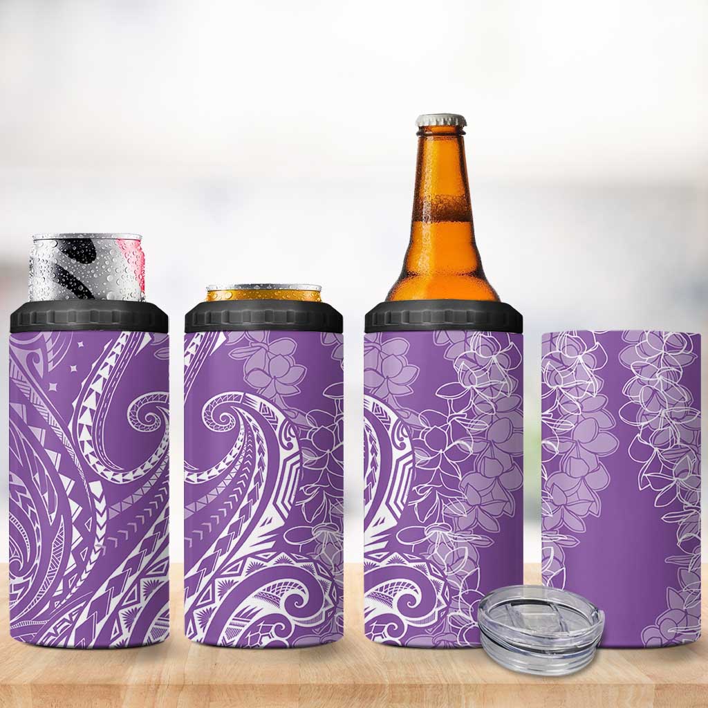 Polynesia Plumeria Lei 4 in 1 Can Cooler Tumbler Periwinkle Curves Motif