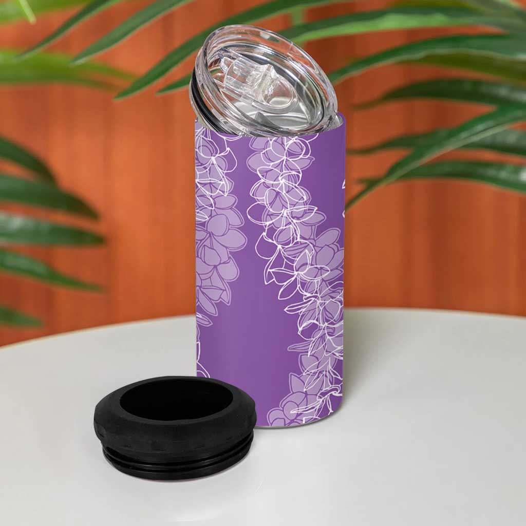 Polynesia Plumeria Lei 4 in 1 Can Cooler Tumbler Periwinkle Curves Motif