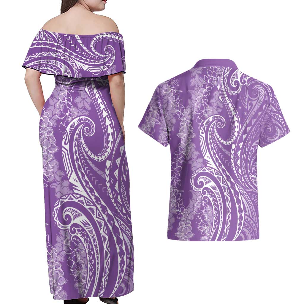 Polynesia Plumeria Lei Couples Matching Off Shoulder Maxi Dress and Hawaiian Shirt Periwinkle Curves Motif