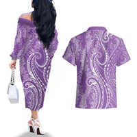 Polynesia Plumeria Lei Couples Matching Off The Shoulder Long Sleeve Dress and Hawaiian Shirt Periwinkle Curves Motif