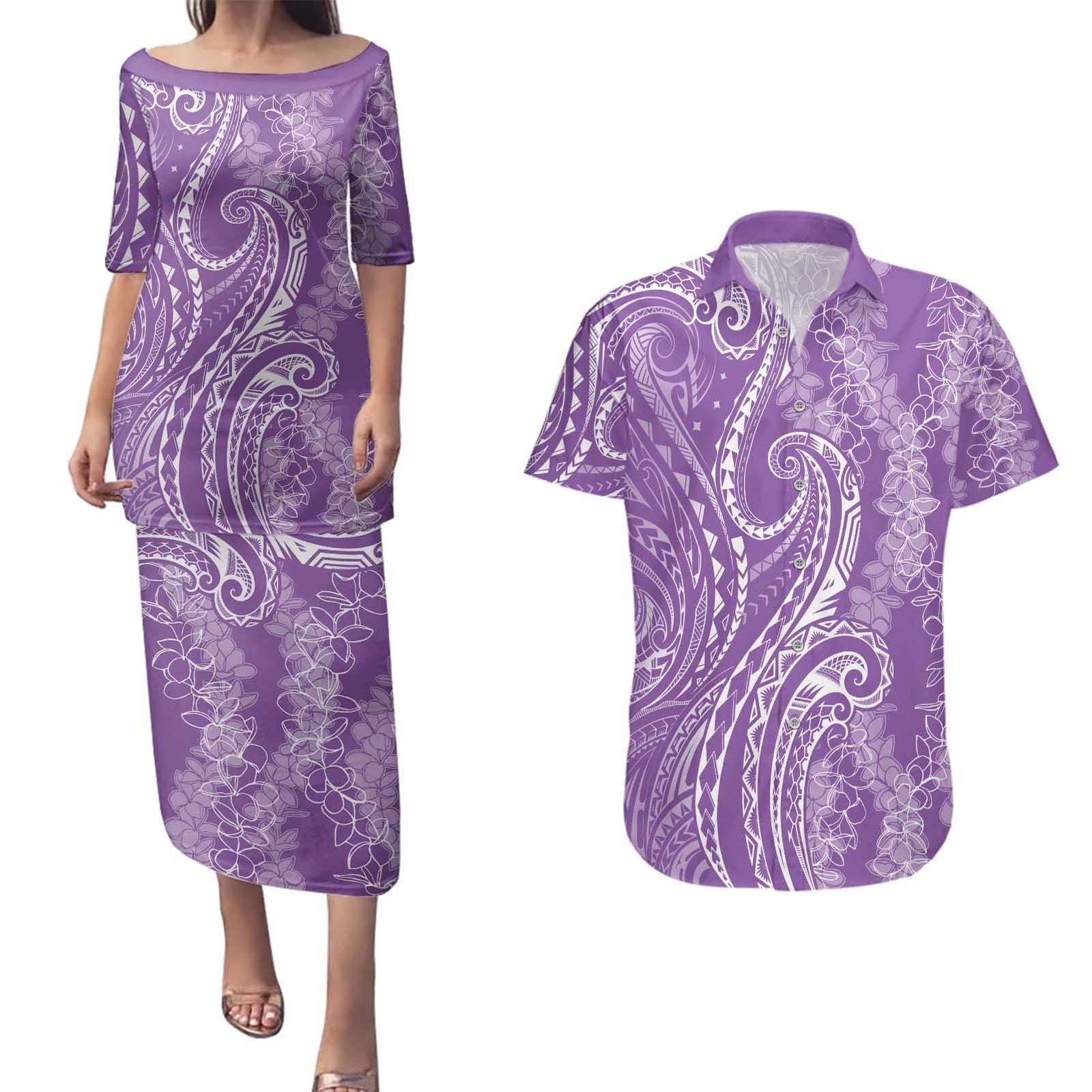 Polynesia Plumeria Lei Couples Matching Puletasi and Hawaiian Shirt Periwinkle Curves Motif