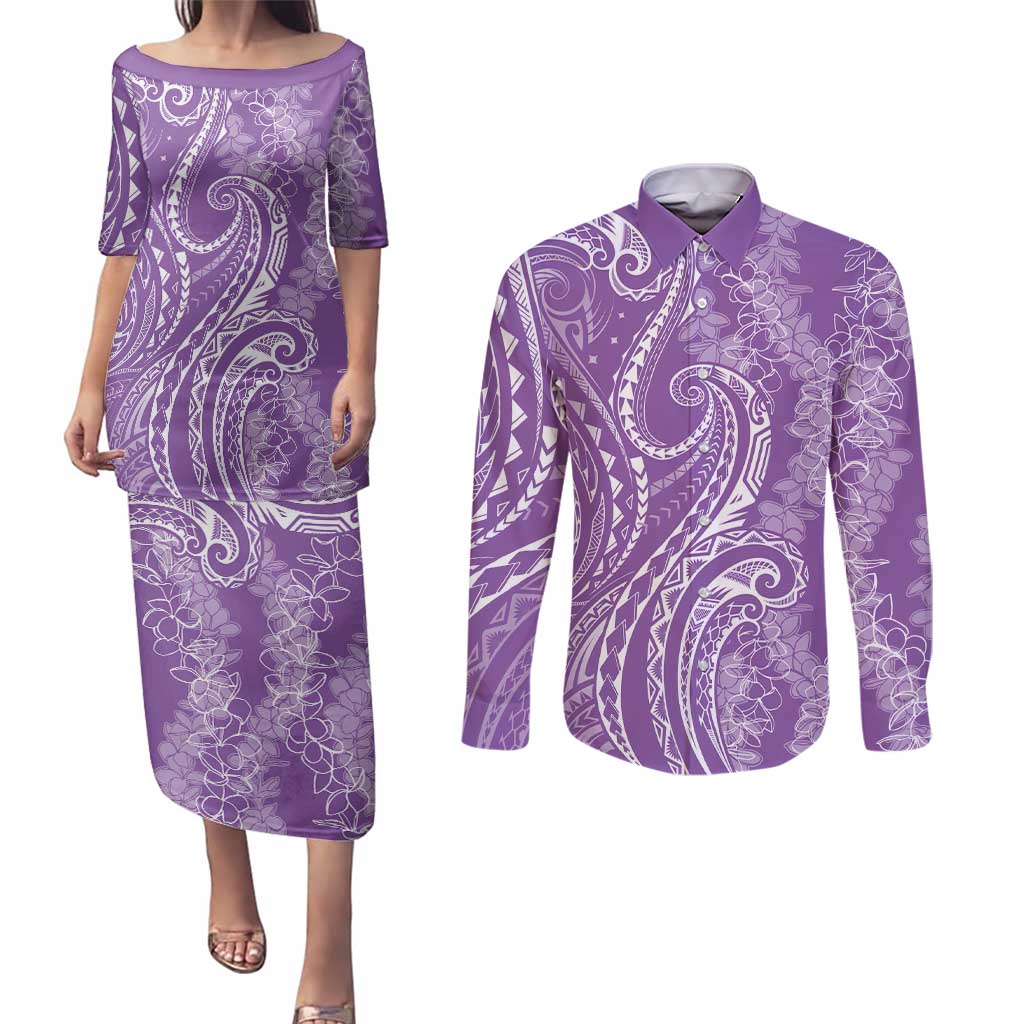 Polynesia Plumeria Lei Couples Matching Puletasi and Long Sleeve Button Shirt Periwinkle Curves Motif
