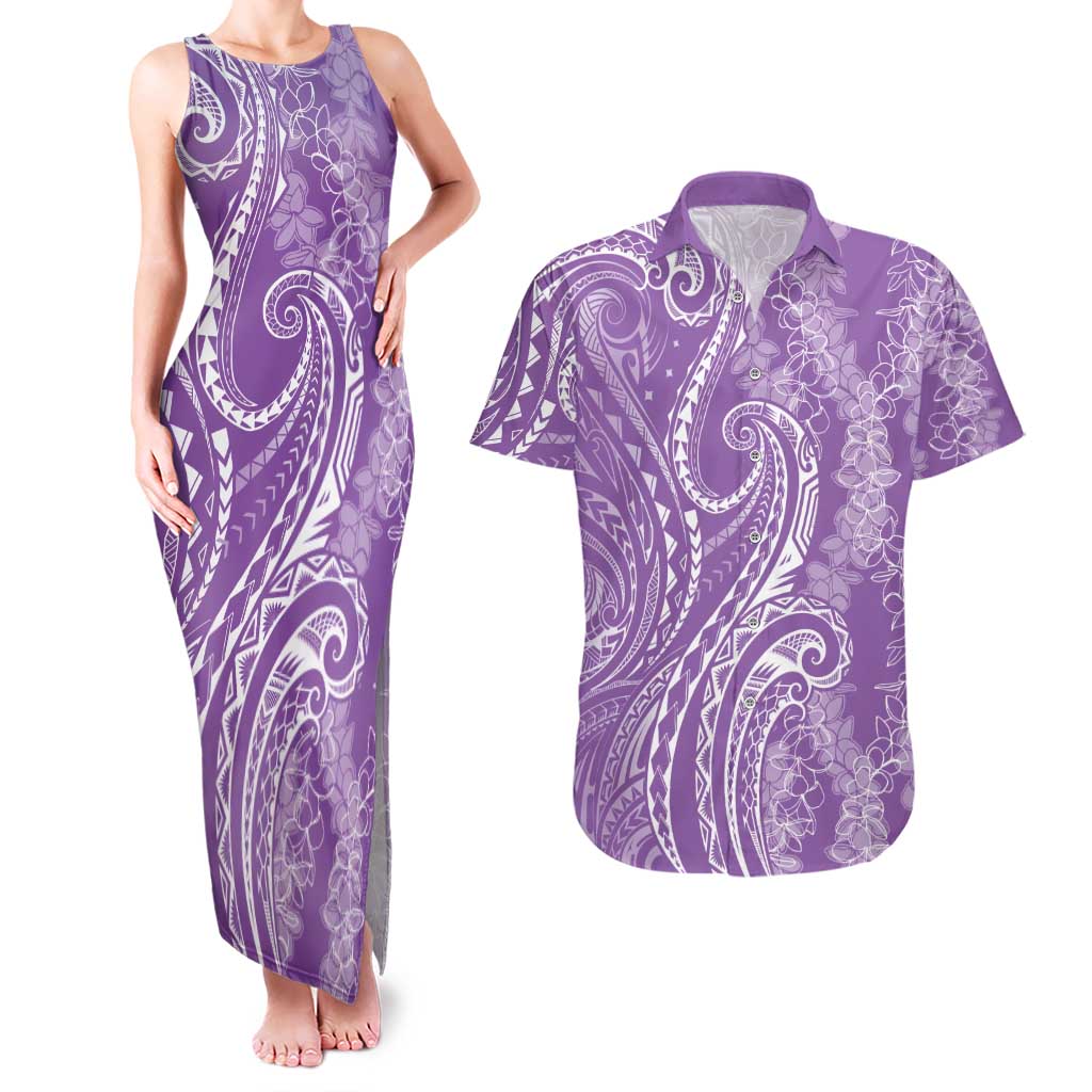 Polynesia Plumeria Lei Couples Matching Tank Maxi Dress and Hawaiian Shirt Periwinkle Curves Motif