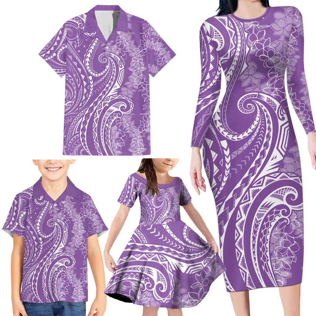 Polynesia Plumeria Lei Family Matching Long Sleeve Bodycon Dress and Hawaiian Shirt Periwinkle Curves Motif