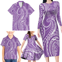 Polynesia Plumeria Lei Family Matching Long Sleeve Bodycon Dress and Hawaiian Shirt Periwinkle Curves Motif