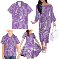 Polynesia Plumeria Lei Family Matching Off The Shoulder Long Sleeve Dress and Hawaiian Shirt Periwinkle Curves Motif
